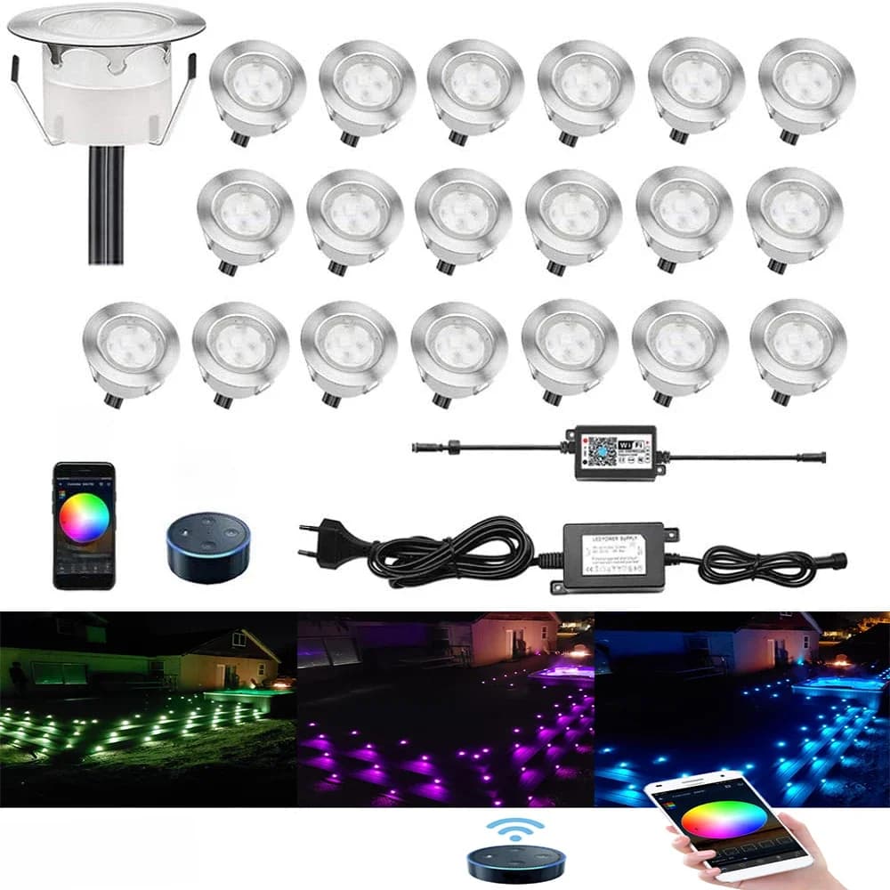 Lot de 20 lampes LED WIFI RGB pour terrasse, décoration de jardin, éclairage extérieur pour cour, patio, éclairage encastré pour escalier, DC12V 1W 45MM B109-20