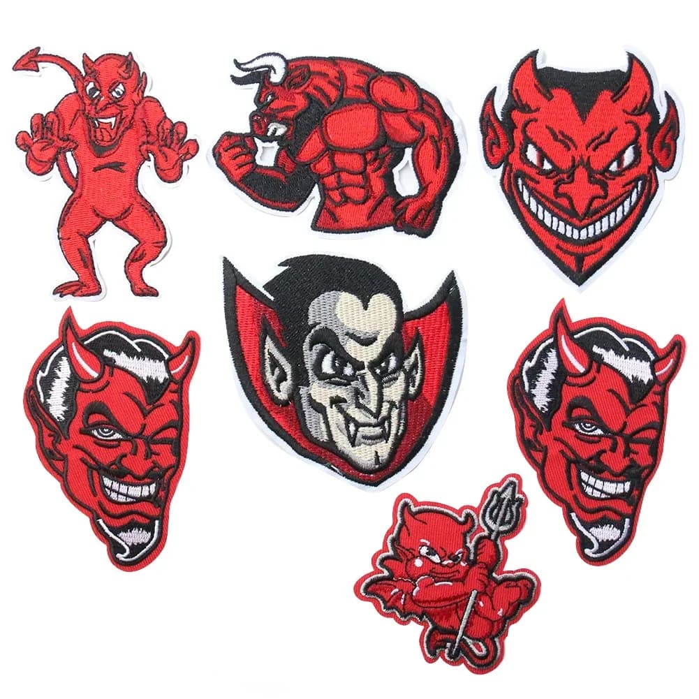 2 pièces diable Imp broderie tissu autocollants rouge tête de feu Vampire Badge fer sur patchs bricolage couture patchs brodés pour vêtements