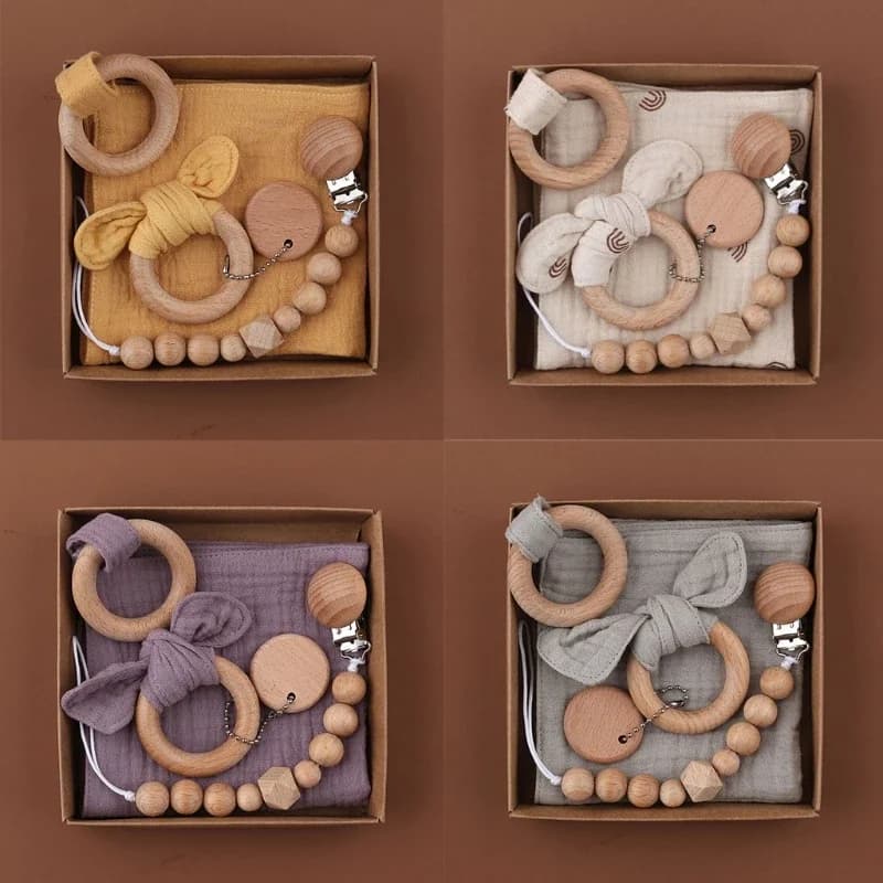 Ensemble de Clips de sucette en coton pour bébé, 1 ensemble, chaîne, bavoir, anneau de dentition, serviette de salive, oreille de lapin, anneau en bois, Bracelet de dentition