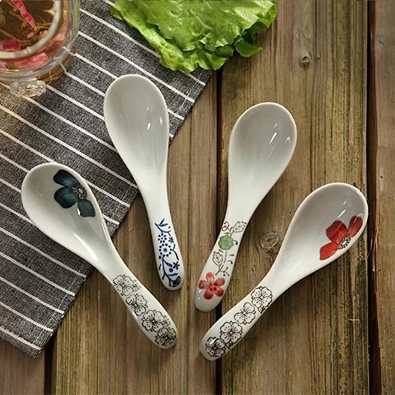 Cuillère à soupe en céramique de style japonais, 14.5x4cm, sous glaçure, fleur bleue rouge, vaisselle, fournitures de cuisine ménagère, vaisselle