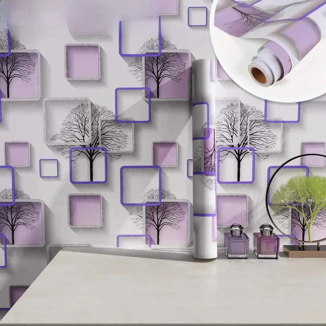 HDHome-Papier peint auto-adhésif violet Peel and Stick, papier peint imprimé arbres décoratifs, papier de contact parfait pour la décoration intérieure