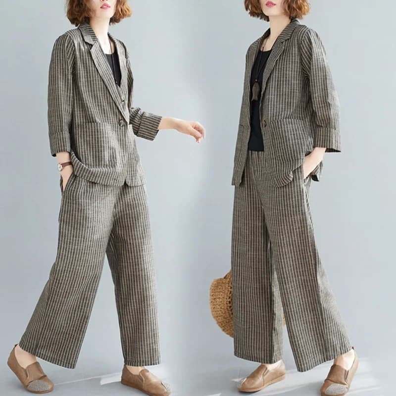 Petit costume rayé à un bouton pour femme, pantalon à jambes larges, ensemble de mode tempérament, coton et lin, loisirs littéraires, nouveau style, printemps et été