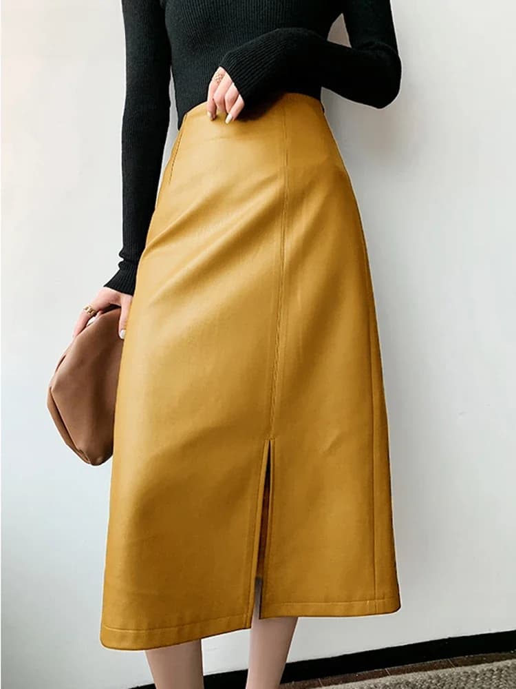Jupes midi Nerazzurri, longueur sous le genou, jaune et noir, en cuir souple, avec fermeture éclair, jupes longues droites pour femmes, taille haute, 2021