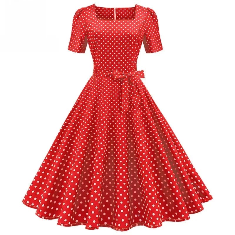 Robe midi vintage élégante à pois pour femmes, été, manches courtes, col carré, coupe A-line, robe de soirée, style années 50-60, grande taille