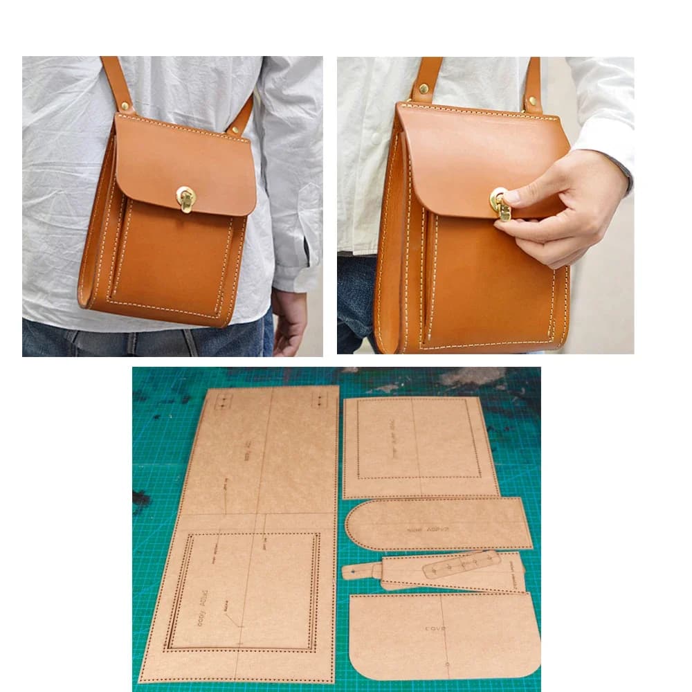 Sac à bandoulière artisanal en cuir, bricolage, découpe de papier kraft, motif de couture, modèle version anglaise 18x22x8cm