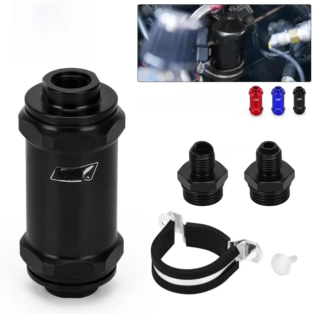 PQY noir AN6/AN8/AN10 filtre à carburant en ligne E85 éthanol avec élément en acier inoxydable de 100 microns et autocollant PQY