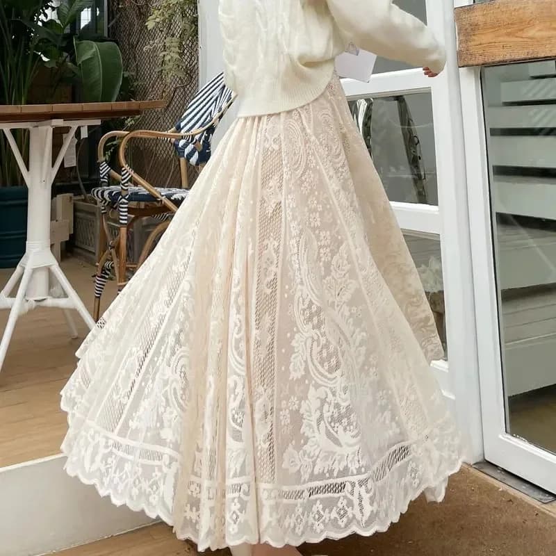 Nouvelle jupe longue femme printemps-été 2026, style palais féérique, dentelle sur mesure, jupe pendulaire oversize mi-longue pour femme