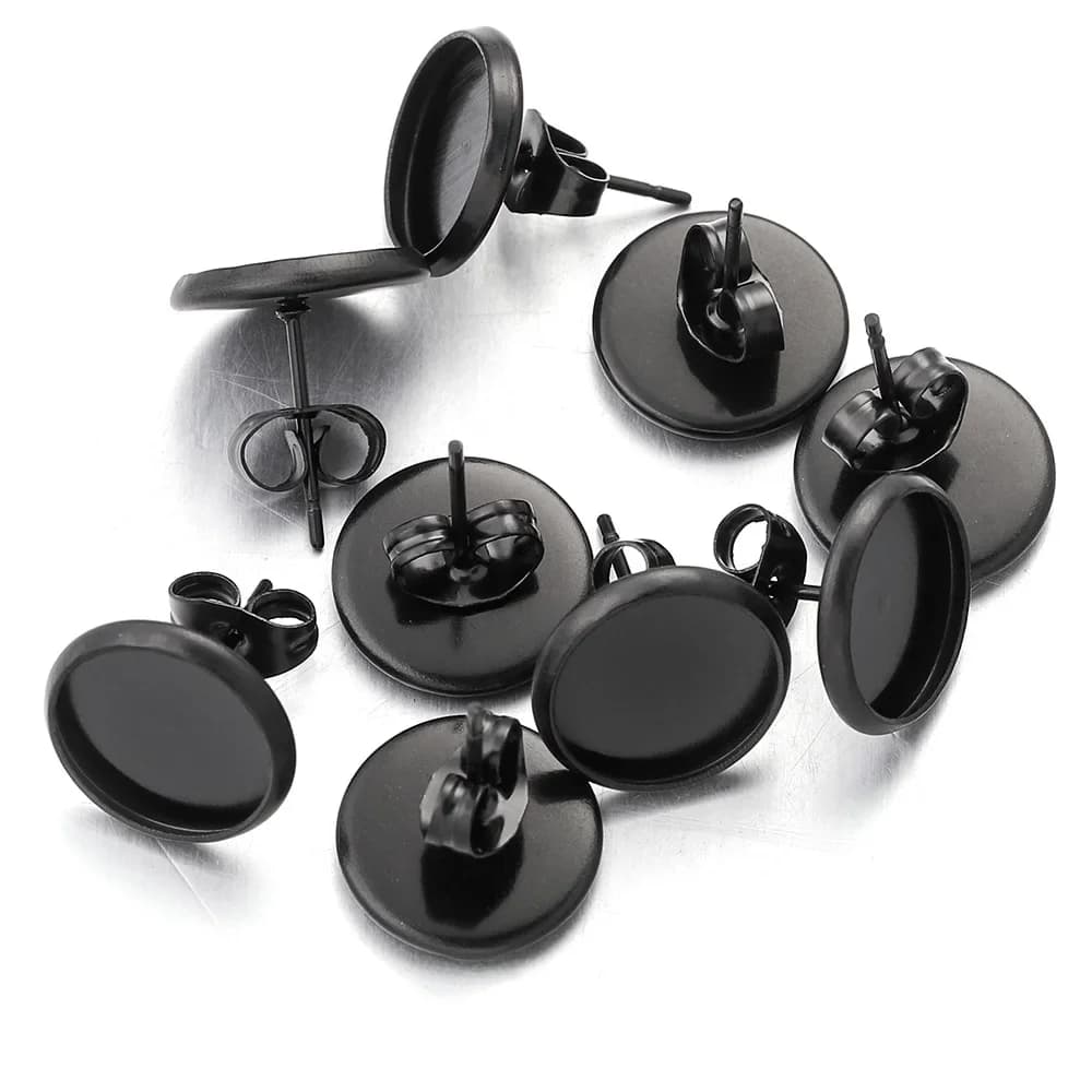 Lot de 20 boucles d'oreilles pistolet noir en acier inoxydable, réglage de Base vierge, Cabochon camée 6 8 10 12 MM pour bricolage, fournitures de fabrication de bijoux