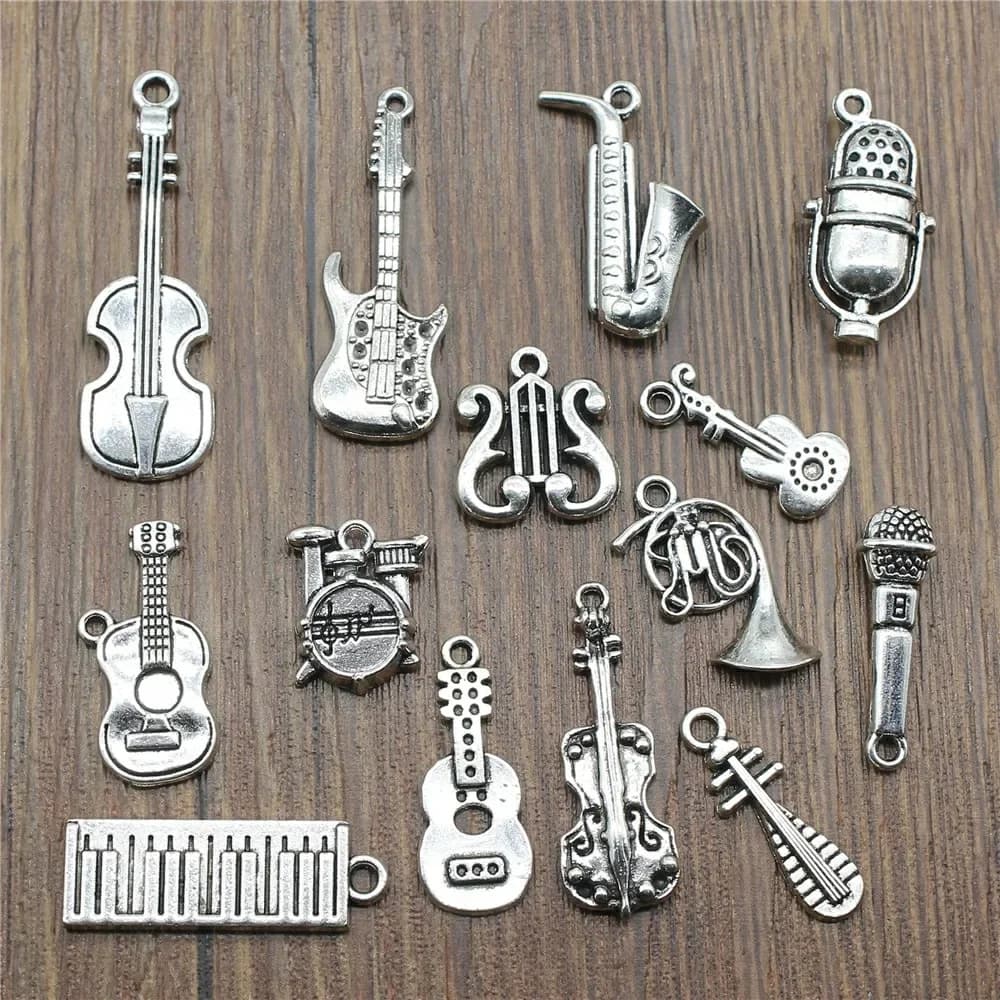 Breloques pour Instrument de musique, antiques, couleur argent, guitare, Microphone, violon, corne française, pour la fabrication de bijoux, 10 pièces