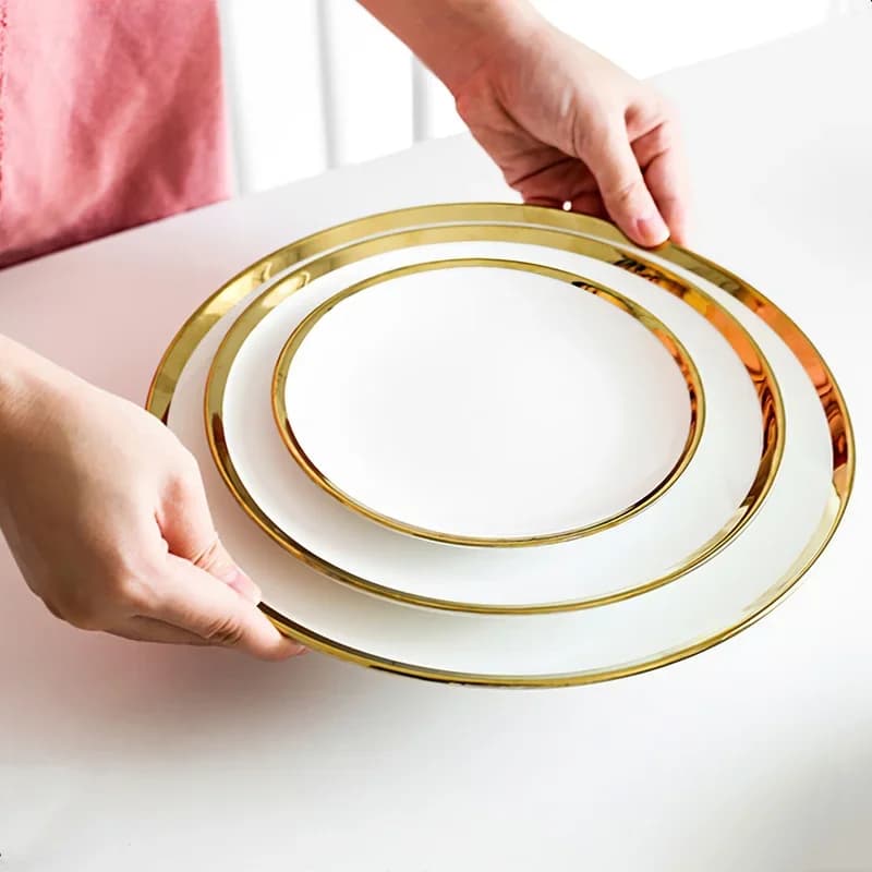 Assiette ronde en céramique Phnom Penh, vaisselle occidentale en porcelaine, bord argenté, fournitures de cuisine à domicile, hôtel nordique, Sophia, 6 po, 8 po, 10 po, blanc