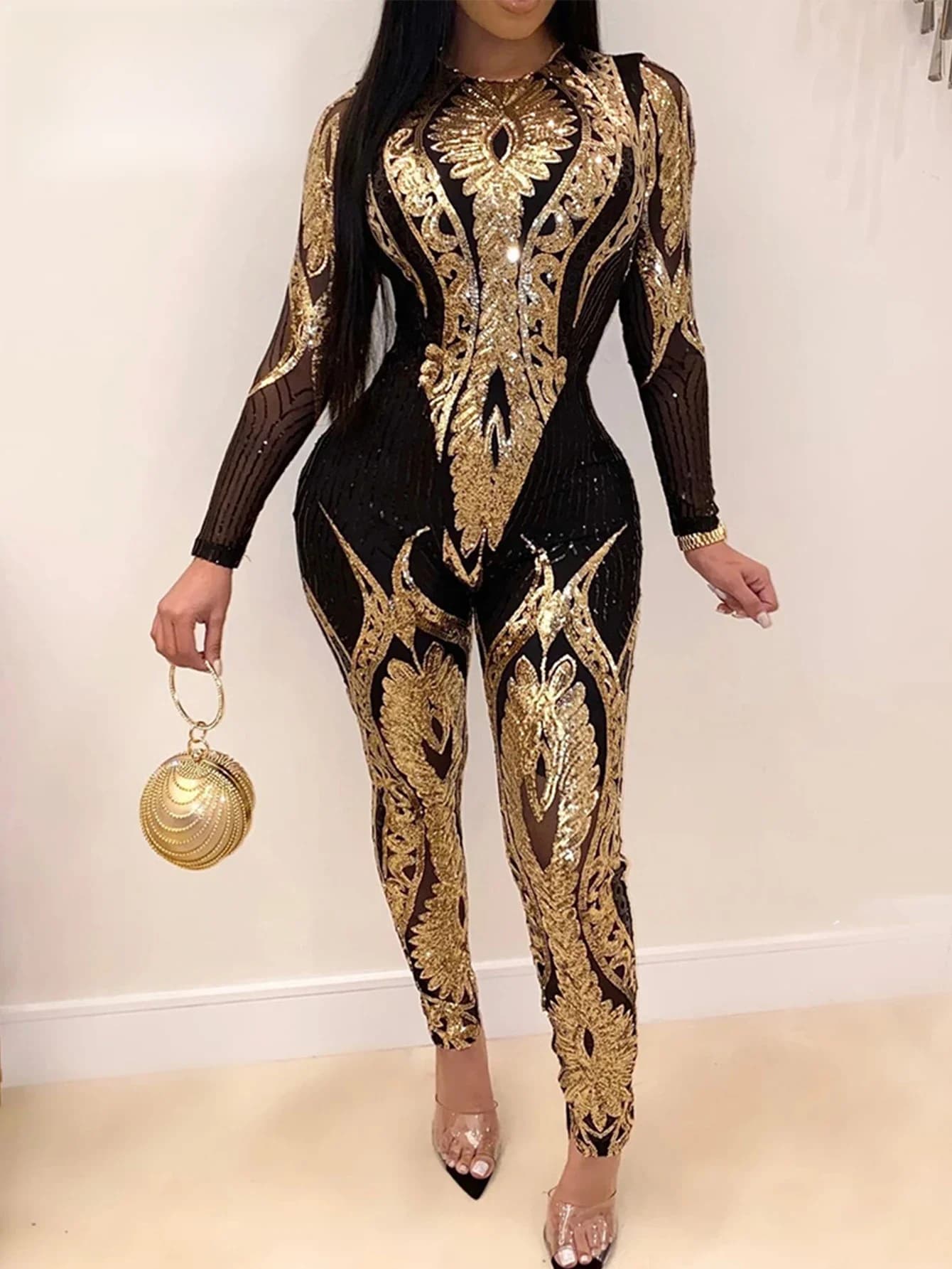 Combinaison moulante sexy à manches longues et sequins pour femme, tenue une pièce pour soirée d'anniversaire ou boîte de nuit, combinaison-pantalon pour femme