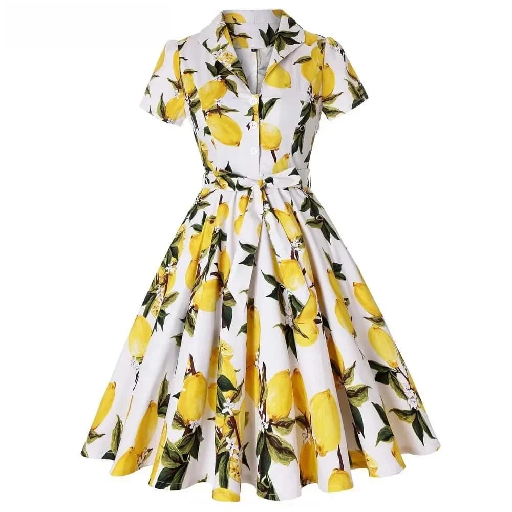 Robe en coton style Hepburn imprimée citron, vintage années 50-60, col rabattu, manches courtes, tunique trapèze ceinturée, collection 2026
