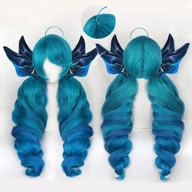 Gwen Game LOL Cosplay perruque bleu vert mixte longues perruques bouclées résistant à la chaleur cheveux synthétiques Hallowen fête + bonnet de perruque gratuit