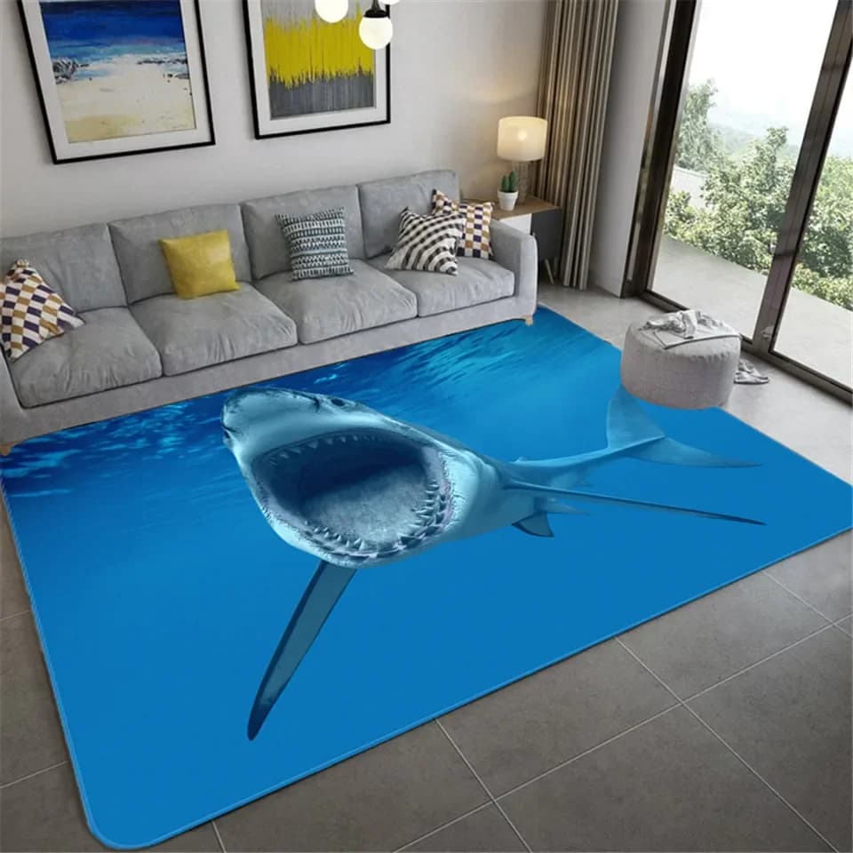 Polymères 3D à motif de requin pour chambre à coucher, grand tapis animal marin, matériau éponge de salon, chambre d'enfant, zone lea, garçon