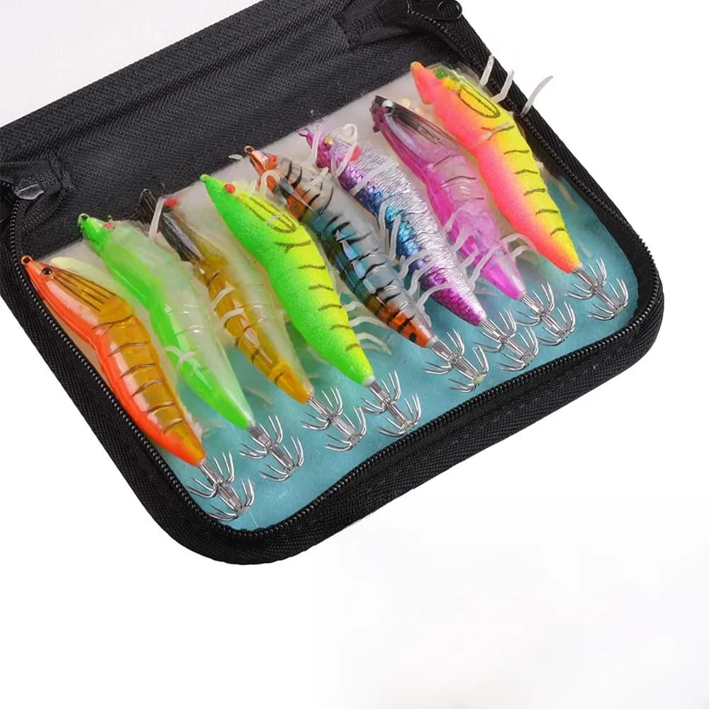 8 pièces/sac lumineux 20g calmar leurre de pêche crevettes gabarits bois leurre 3D yeux poulpe leurres seiche appât artificiel gabarits crochet