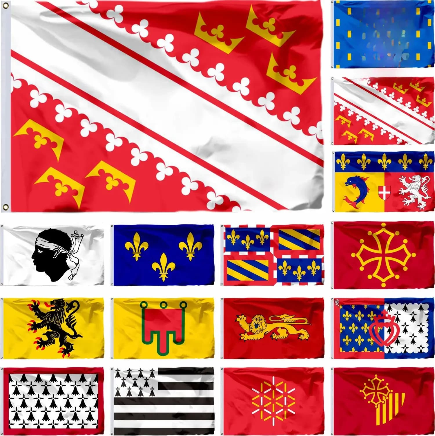 Drapeau de l'Alsace, d'Île-de-France et des Midi-Pyrénées (21x14cm, 45x30cm, 3x5ft) – Bannière du Limousin, de Corse, du Languedoc-Roussillon – France 23 États