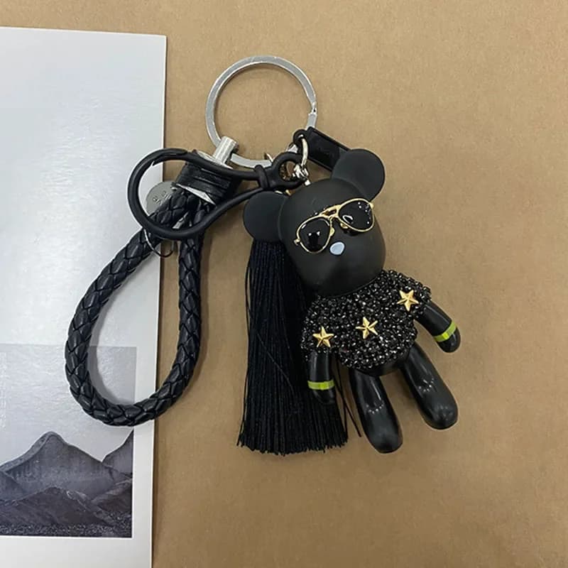 Cuir tissage corde Bomgom Popobe Gloomy strass porte-clés gland lunettes ours porte-clés porte-anneau sac charme noir pendentif