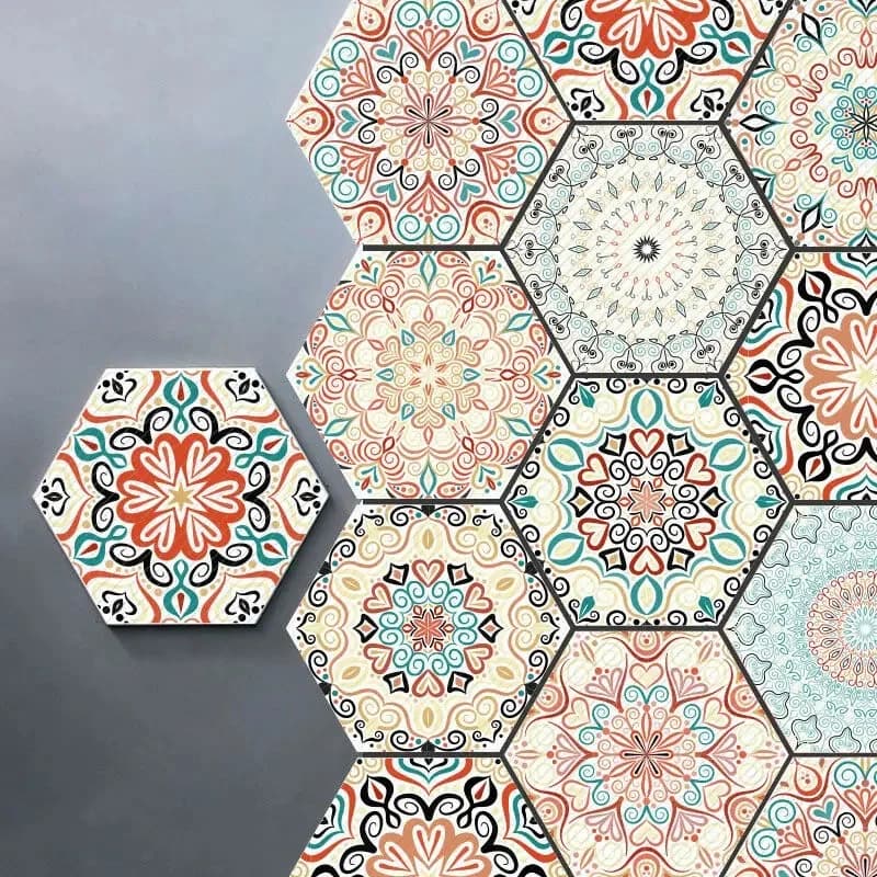 Autocollants de carreaux auto-adhésifs de style marocain, hexagonal, ethnique, mandala, sol, mur, cuisine, HOKitchen, 10 pièces