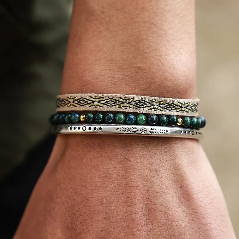 Bracelet manchette plaqué argent 925 sur la main, perles bohème lapis lazuli, corde à nœud porte-bonheur réglable faite à la main pour hommes, Bracelet à breloques