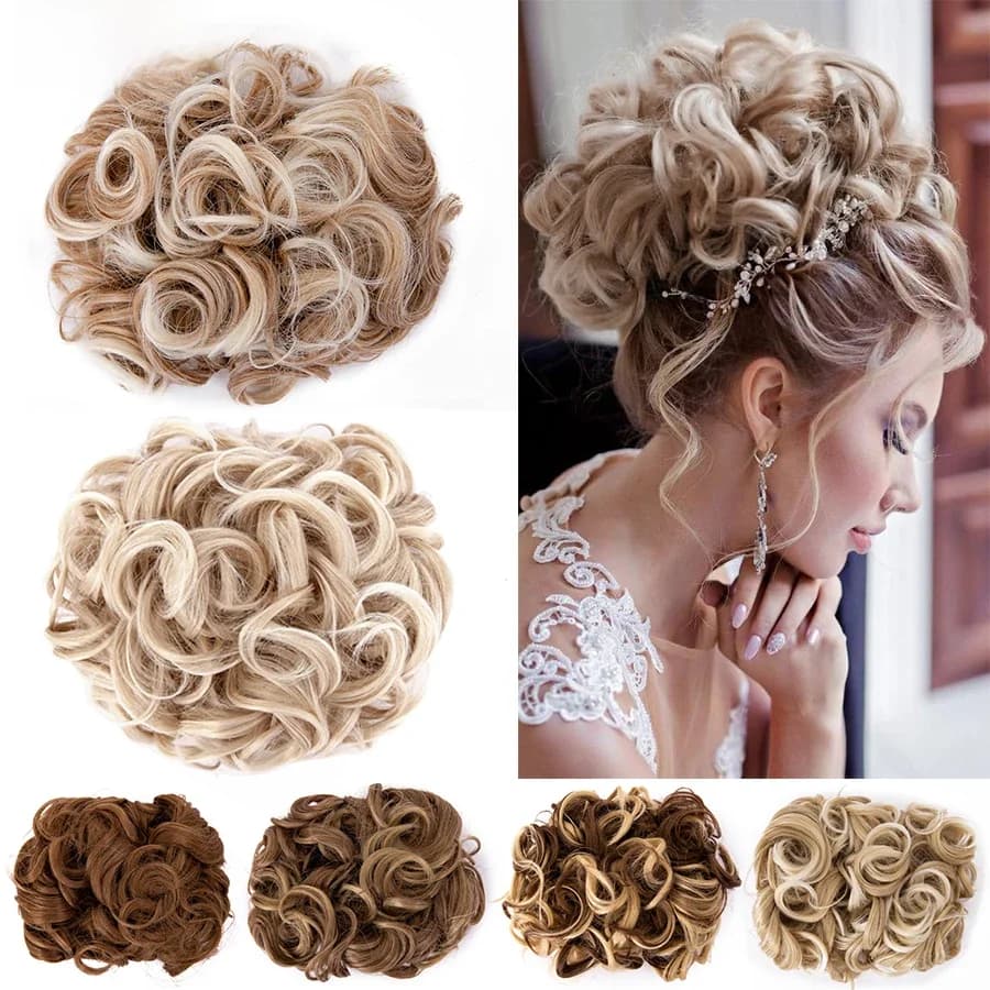 Leeons cheveux synthétiques Chignon brun blond bouclés Chignon désordre peigne pince dans l'extension de cheveux chignons postiches pour les femmes
