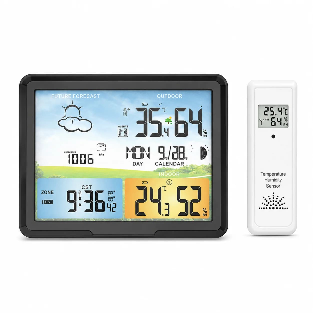 Station météo sans fil FABISENSE PT20A, horloge d'alarme LCD colorée, à poser et à accrocher au mur, thermomètre et hygromètre d'intérieur
