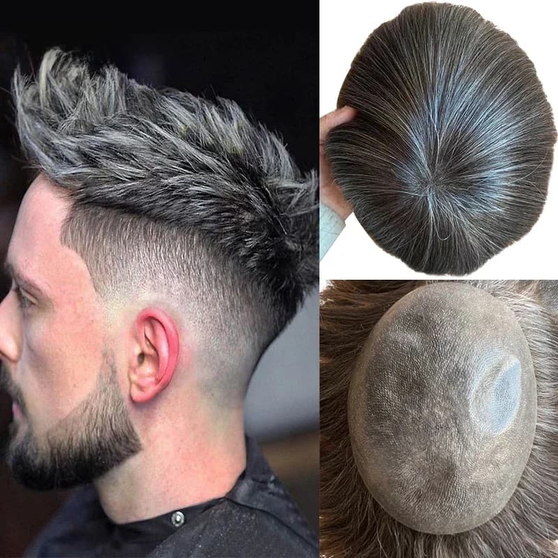 Perruque de Prothèse Capillaire Indienne pour Homme, Toupet, Peau Fine, Cheveux Humains, Vloop, PU, 0.04-0.06cm, Postiche, Système Capillaire, 110%