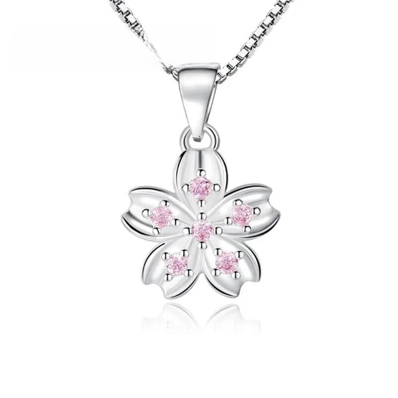 Joli bijoux en argent Sterling 925 Kawaii Sakura fleurs rose zircon cubique charmant pendentif collier avec chaînes
