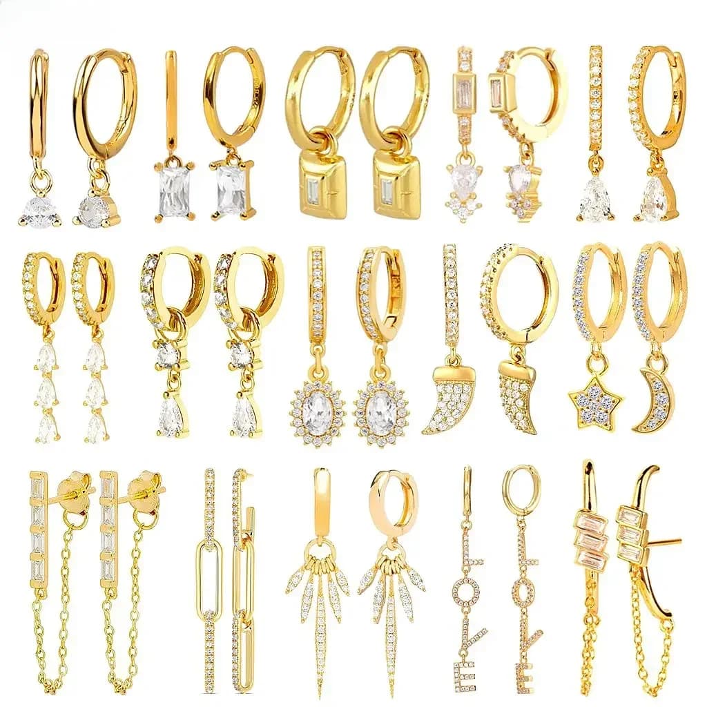 Boucles d'oreilles en argent Sterling 925 pour femmes, petites boucles d'oreilles élégantes en cristaux blancs, pendentif en or 18 carats, bijoux de luxe