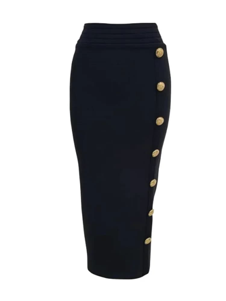 Nouveauté femmes bouton noir bleu rouge moulante jupe de pansement 2024 concepteur taille haute haute rue fête Club jupe crayon 75 cm