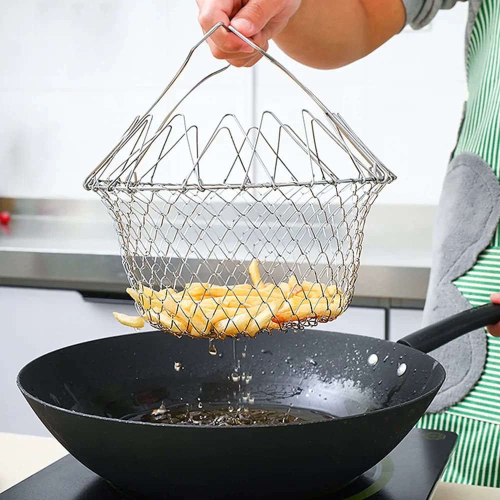 Panier à frites pliable multifonction, panier filtrant pour légumes et fruits, panier télescopique en maille d'huile domestique en acier inoxydable