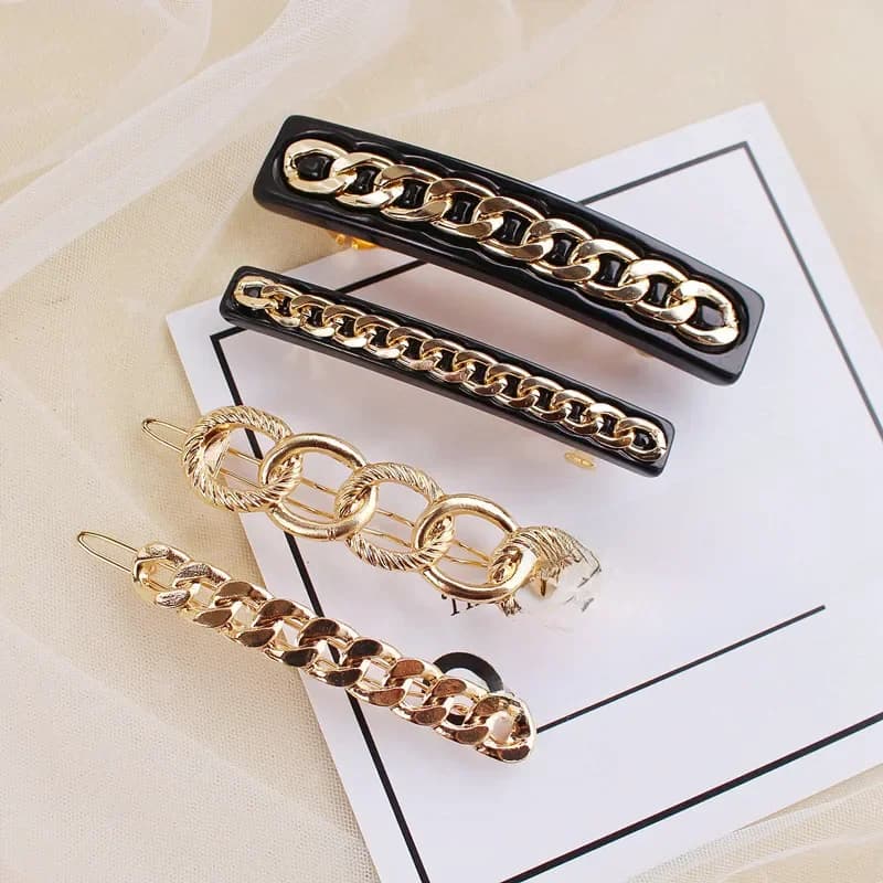 Barrette en acrylique avec chaîne en métal pour femmes, pince à cheveux, accessoires géométriques, couleur or, offre spéciale