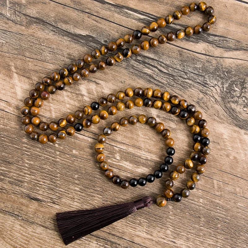 Collier en œil de tigre jaune naturel de 8 mm, onyx noir, bijoux de méditation et de yoga, bracelet à 108 perles Japa Mala, ensembles pour hommes et femmes