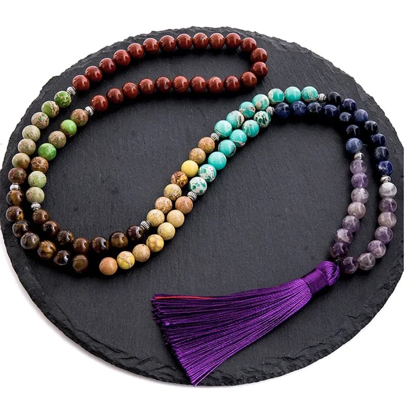 Collier en pierre naturelle 8 mm, 7 chakras, méditation, yoga, paix, esprit, bijoux, 108 perles de Japamala, pendentif à pompon