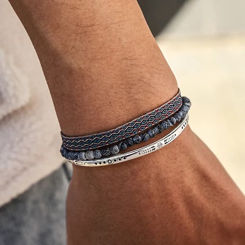 3 pièces/ensemble bouddhisme tibétain cordon porte-bonheur Bracelet pour homme perles d'agate naturel abîmé sculpté à la main Bracelet manchette sur la main