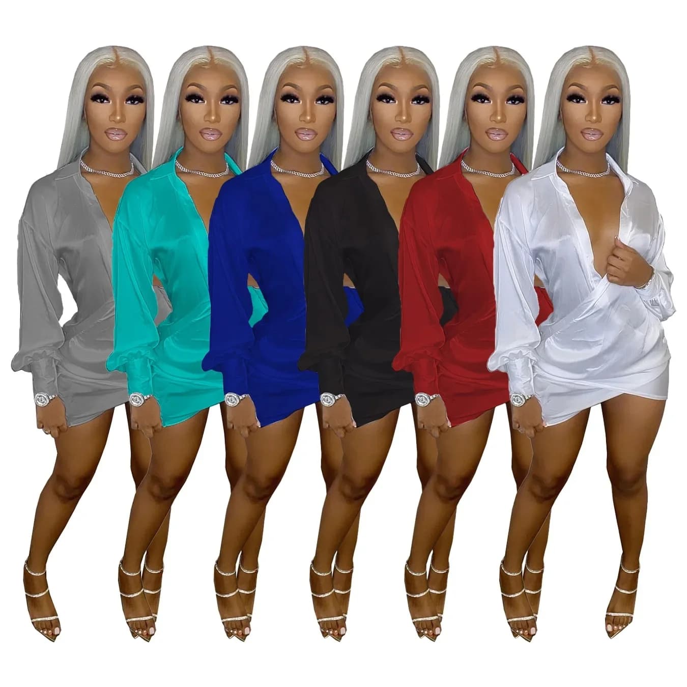 Mini robe mi-longue à manches longues pour femmes, couleur unie, décolleté en v profond, chemisiers Sexy, Style froncé au-dessus du genou, tenues