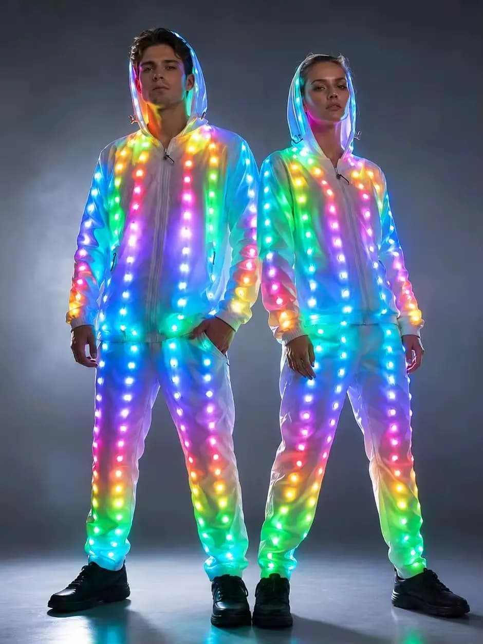 Veste, pantalon et costumes lumineux à LED pleine couleur pour scène, tenues créatives pour événements et raves