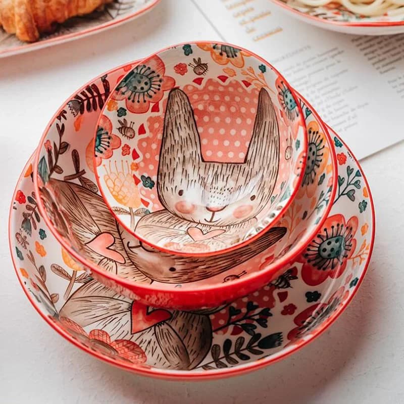 Filles et assiette peints à la main lapin mignon, UnderVest, bol à soupe domestique en céramique, bol à salade de fruits d'hôtel commercial, 1PC
