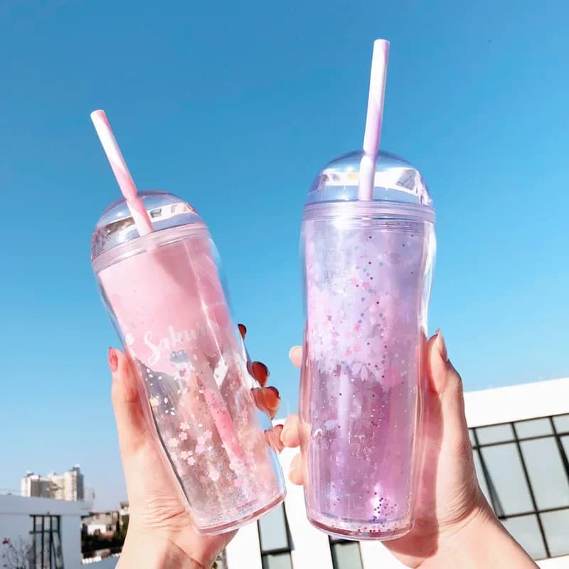 Tasse à café portable en plastique sans BPA rose et violet avec paille, verres de voyage standard pour l'eau, thé, lait, jus, cadeau d'anniversaire