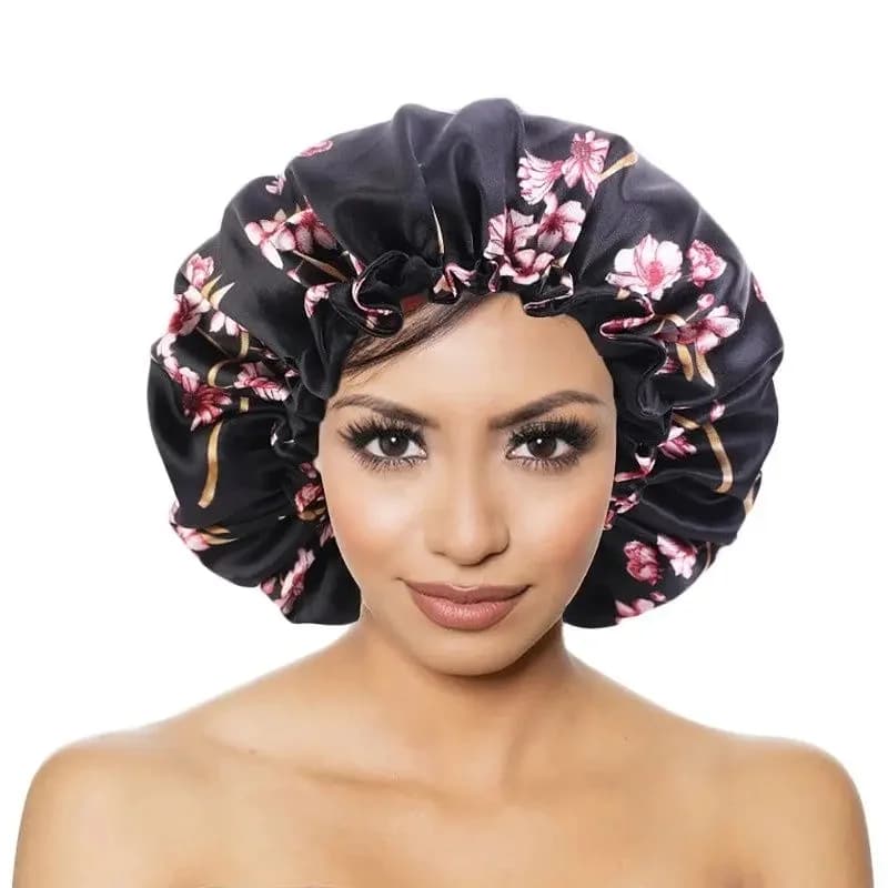 Bonnet de nuit extra large en tissu soyeux double couche avec bande élastique premium pour femme, idéal pour protéger les cheveux