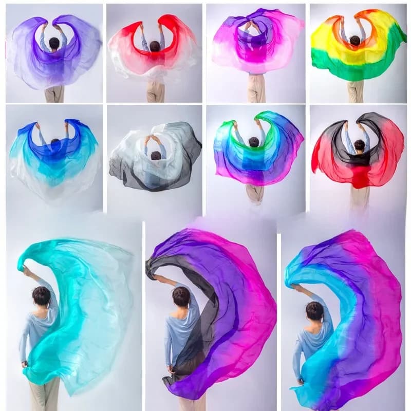 Grossiste prix le moins cher personnalisé vraie soie danse du ventre voiles de soie jeté à la main écharpe châle dégradé 200 cm 250 cm 270 cm 300 cm