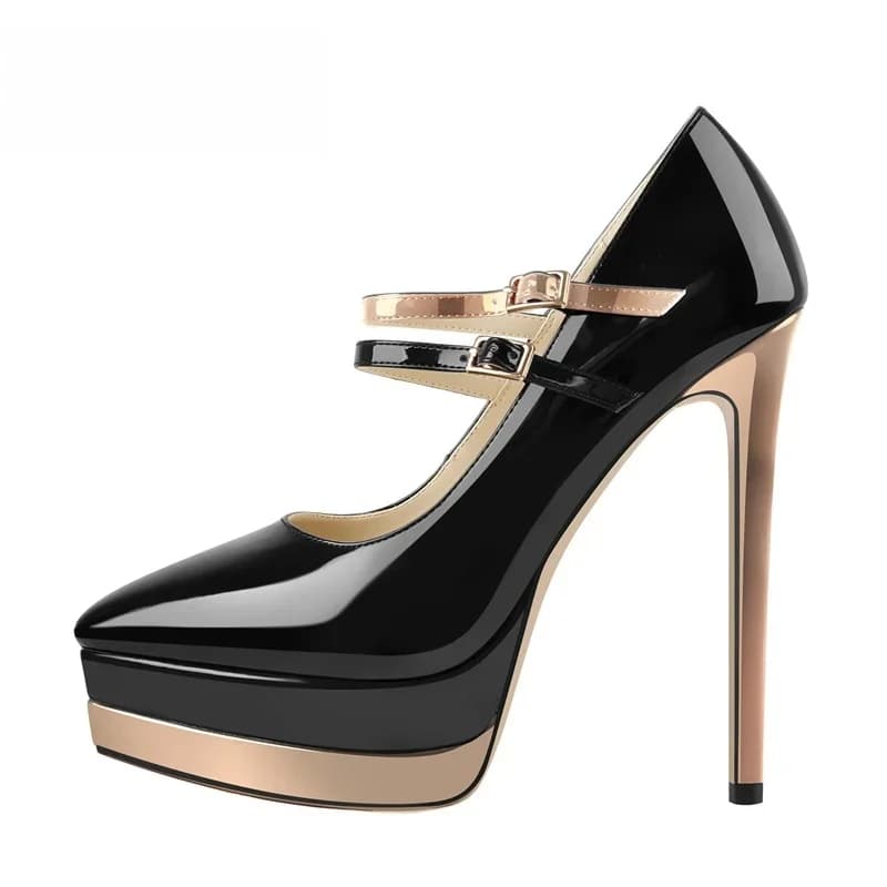 Onlymaker – escarpins à plateforme en cuir verni pour femmes, chaussures Mary Janes à talons hauts et bout pointu, peu profondes, Double boucle, grande taille
