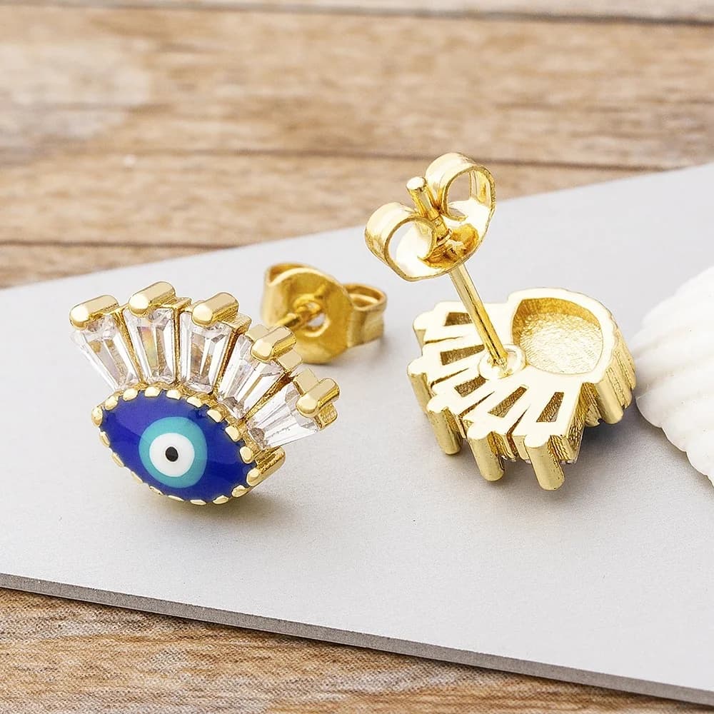 Boucles d'oreilles porte-bonheur turc mauvais œil Fatima, bijoux faits à la main, couleurs bleu/rouge/noir, cuivre CZ, cadeau de fête