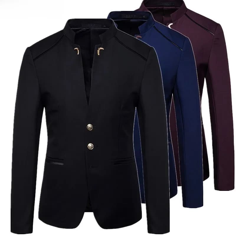Manteau blazer noir à col montant pour hommes, veste de robe de soirée de mariage, veste à simple boutonnage cintrée de tailles asiatiques, hauts rouges bleus.