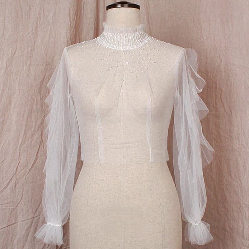 Manteau Élégant en Tulle pour Femme, Châle de ix, Perlé, Rétro, Victorien, Blouse Romantique à Volants, Manches sulf, BEmbed o