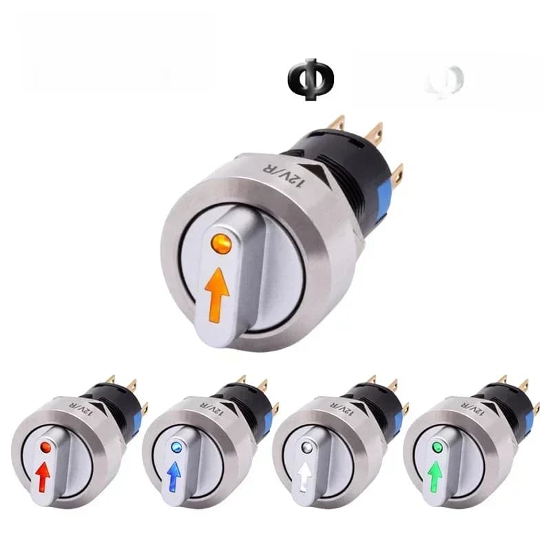 Interrupteur de sélection rotatif en métal, 16mm, 2/3 positions On/Off, 12V, Led rouge/vert, bouton poussoir en acier inoxydable, 1 no1nc, verrouillage SPDT