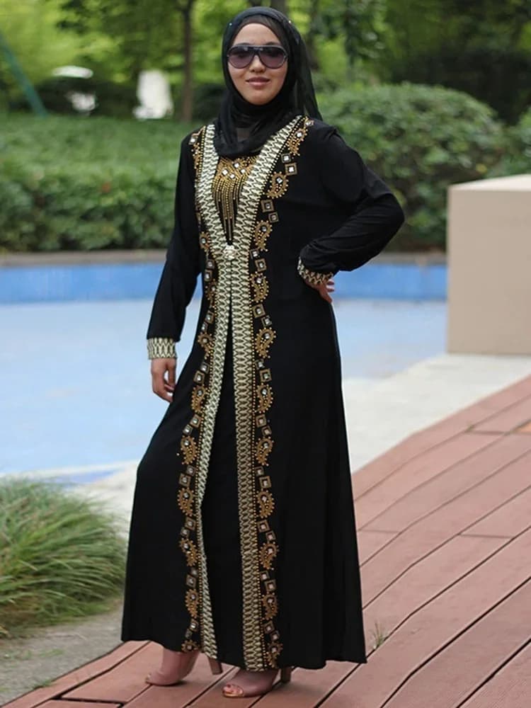 Abaya-Robe longue musulmane pour femmes, caftan à paillettes et perles, tenue élégante, épissure, maxi, vêtements islamiques