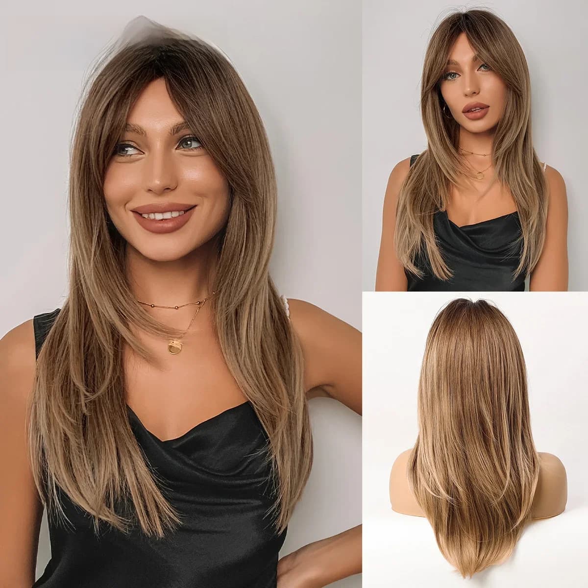 JONRENAU cheveux longs raides avec frange Ombre noir foncé brun à blond perruques synthétiques pour les femmes fête quotidien Cosplay utilisation perruque