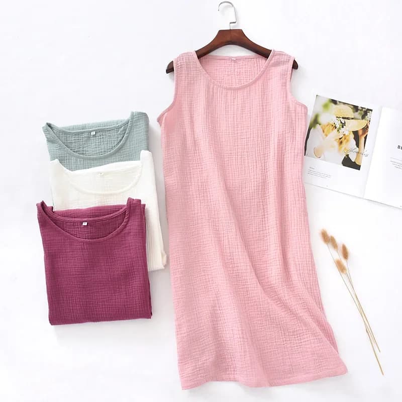 Nouvelle Robe de Nuit d'Été pour Femme en Crêpe de Coton, Sans Manches, Couleur Unie, Grande Taille, Coupe Ample, Style Gilet, Jupe Longue