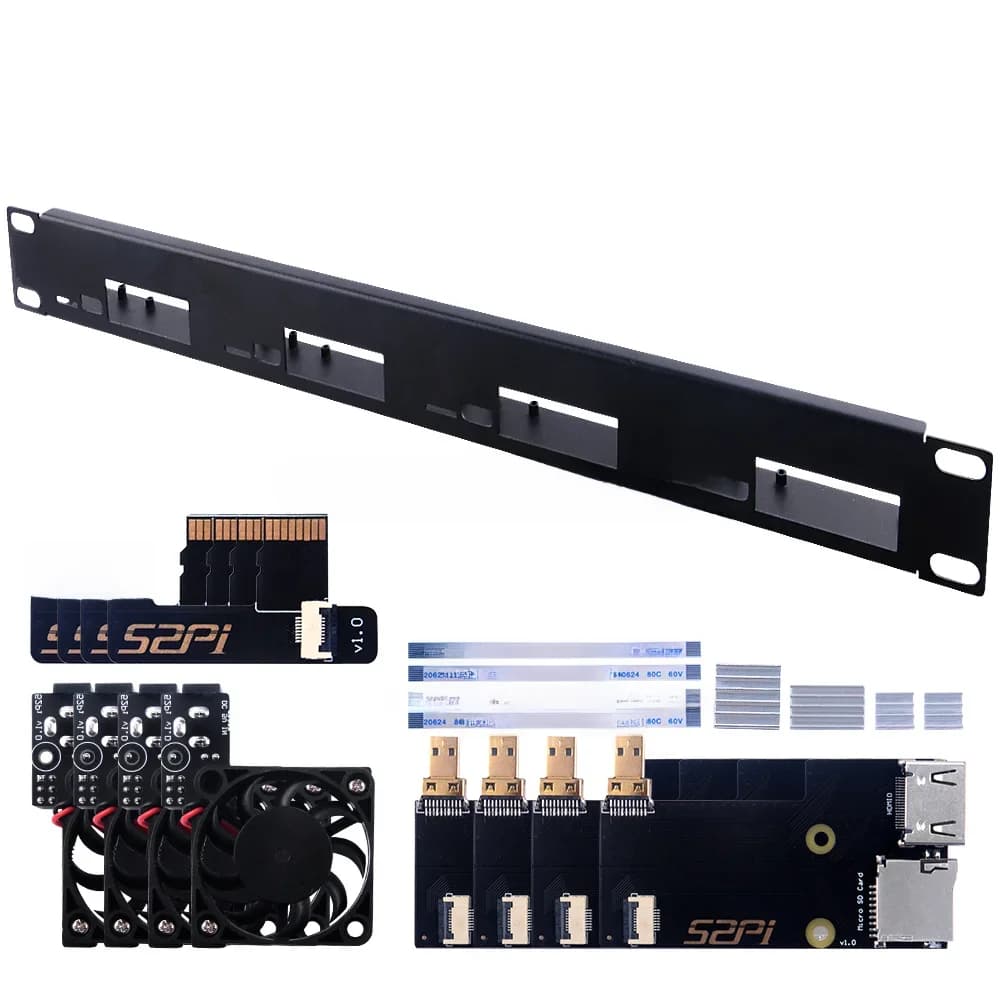 Kit de support en acier 1U pour grappes Raspberry Pi 4B, 19 pouces, 4 emplacements, dissipateurs thermiques, carte TF vers carte FPC, câble de ventilateur de refroidissement