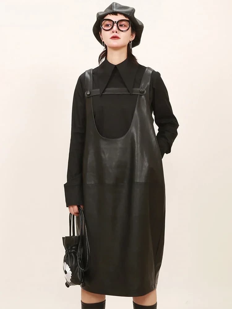 Robe midi en similicuir noir Lautaro pour femme, style coréen, col en U profond, bretelles amples, pour le printemps et l'été, tailles 5XL 6XL 7XL